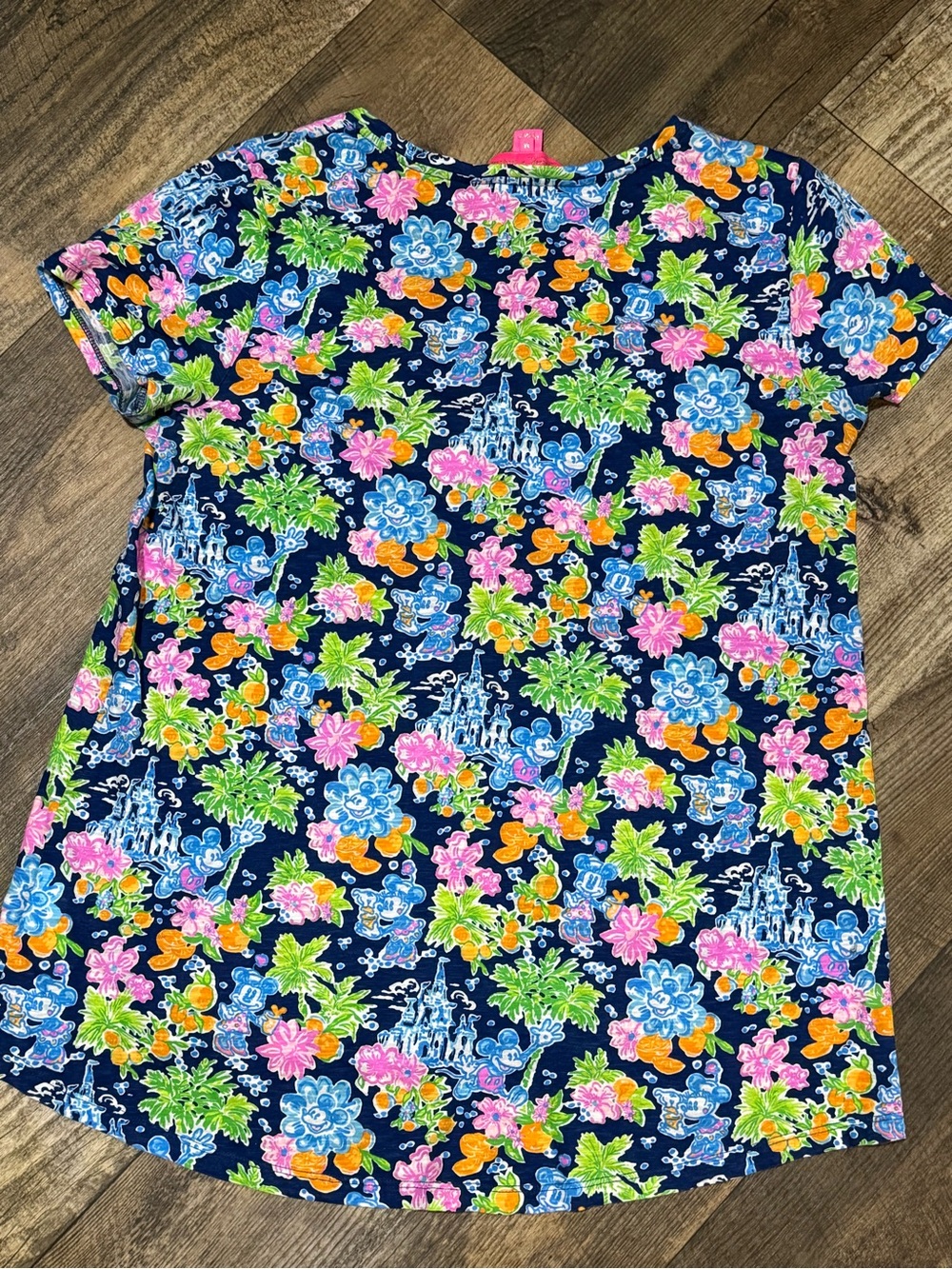 Lilly Pulitzer Navy V-Neck Floral Tropical Print Tee with Pink, Green & Orange - Picture 3 of 3